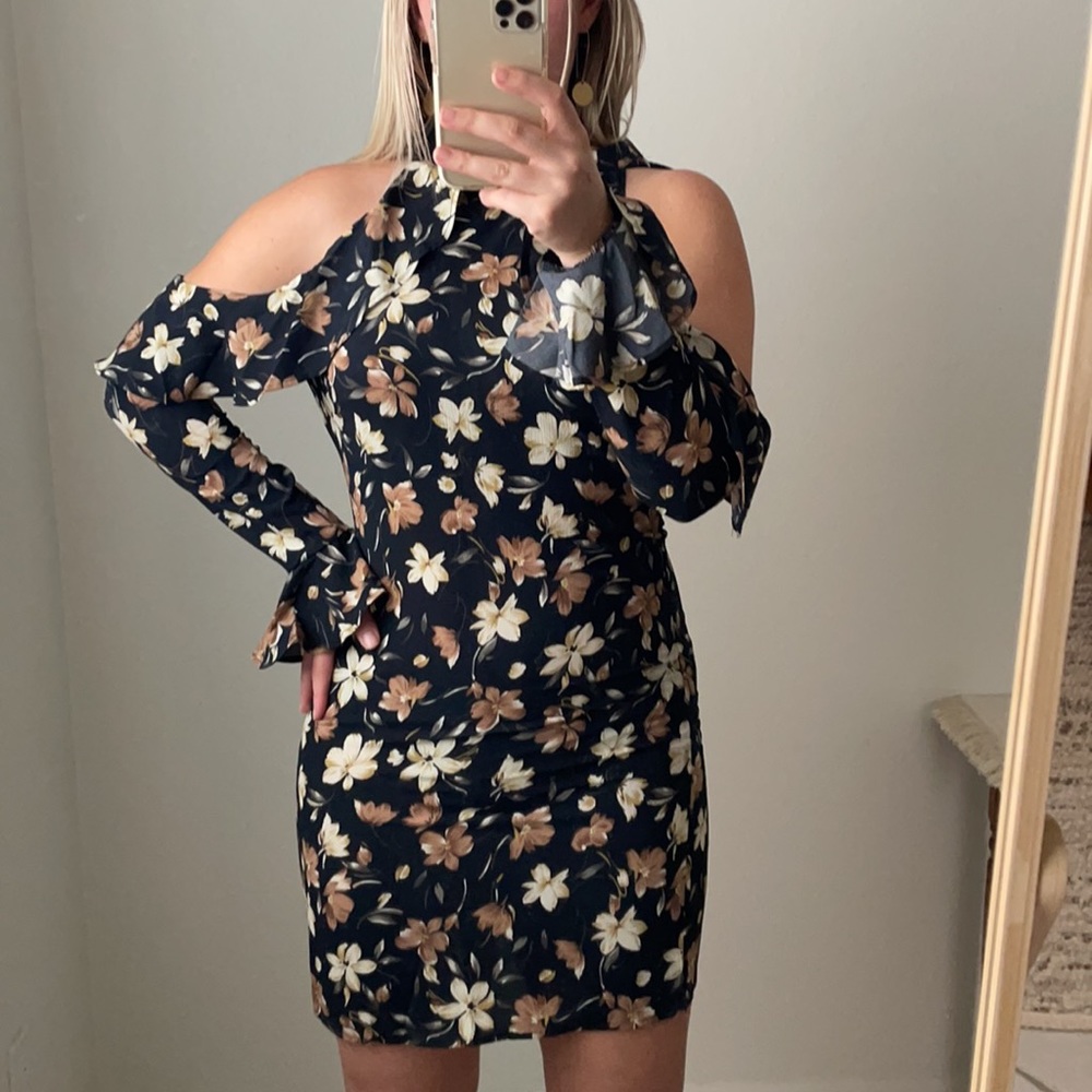 Black Floral Dress with Ruffle Sleeves- Fall Dress